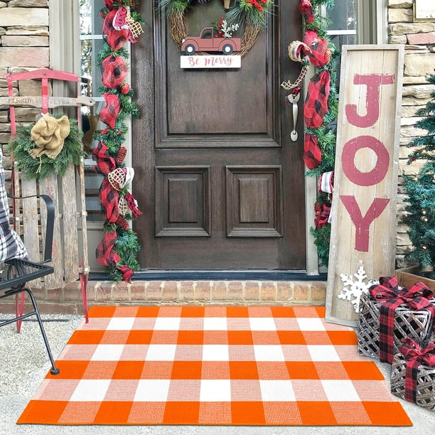 Buffalo Plaid Rug 27.5x43 Inches Orange and White Outdoor Rugs Cotton