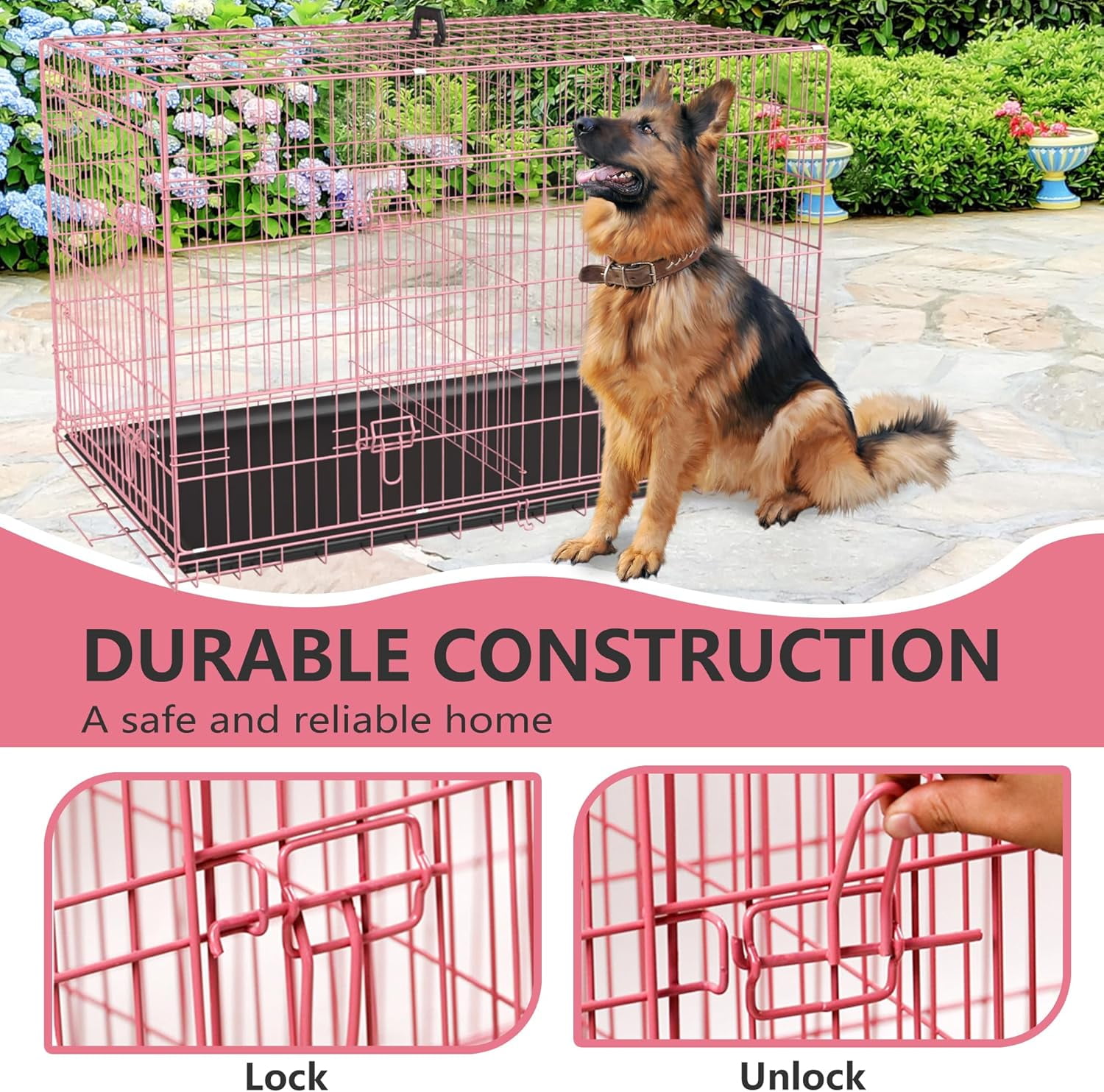 Dog Crates for Large Dogs 48 Inch Folding Mental Wire Crates Outdoor and Indoor Pet Dog Cage with Double-Door, Divider Panel, Removable Tray, Pink