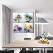 Flower Wall Art for Bathroom Bedroom Living Room Blue Orange Wall Decor Floral Painting Canvas Print Picture for Home Decorations Framed Artwork Ready to Hang (12x12inchx4)