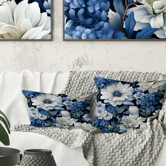 Designart "Blooming Blue And White Florals IV" Floral Printed Throw Pillow