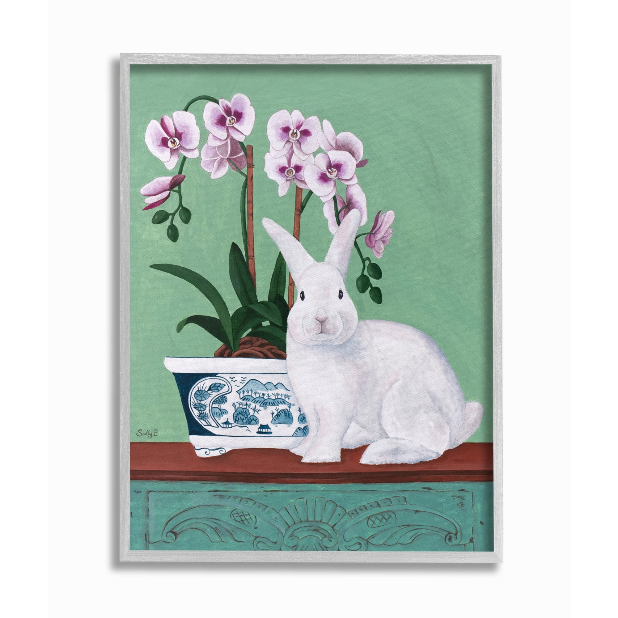 Stupell Industries Rabbit and Flowers Pink Green Animal Painting Framed Wall Art by Sally B