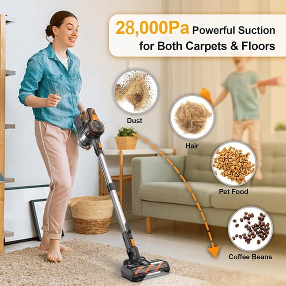 28Kpa Cordless Vacuum Cleaner, 8-in-1 Lightweight Cordless Stick Vacuum, 300W Rechargeable Vacuum with 2500m-Ah Battery, 45min Runtime Powerful Stick Vacuum for Pet Hair Hard Floor Carpet