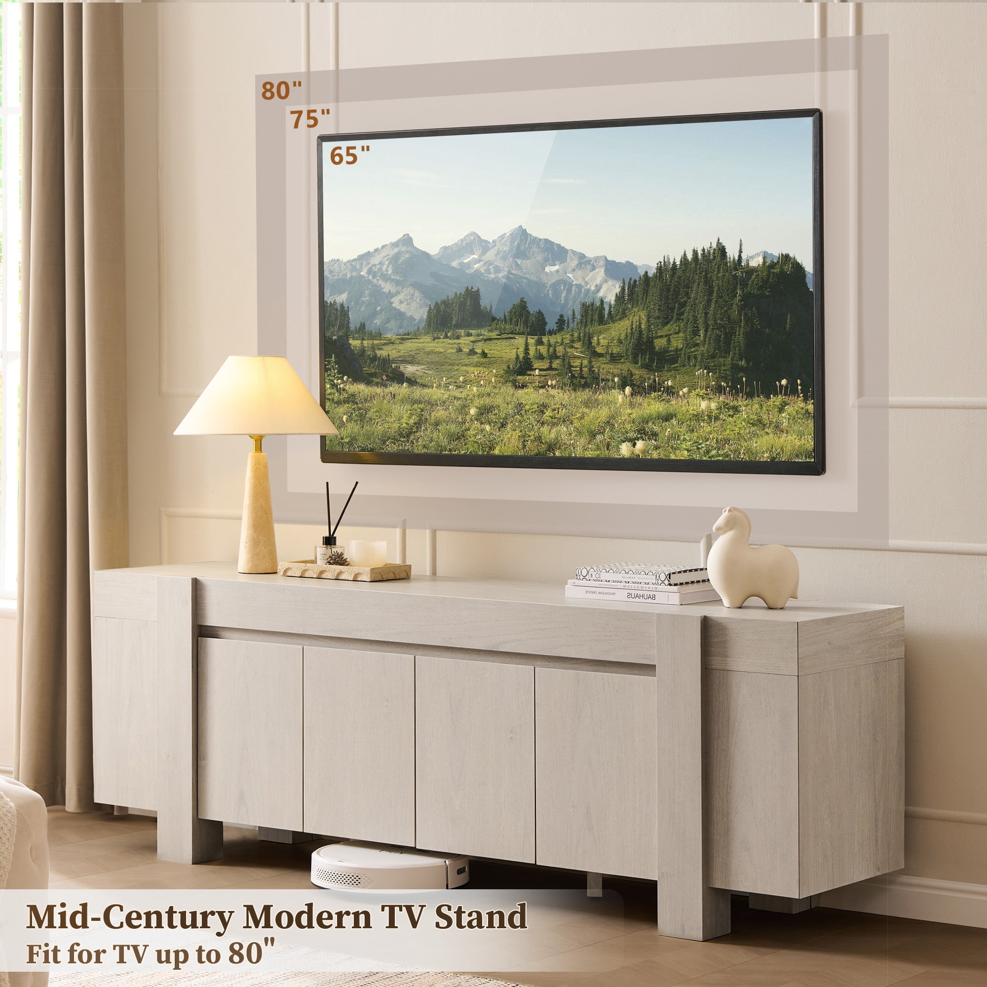 KeyWhat TV Stand for TVs Up to 80", Modern Farmhouse Entertainment Center with Storage Cabinet, Media Console Table for Living Room, White Alder