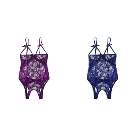 (2-Pack) Kcodviy Crotch Backless Bodysuit Valentines Day Jumpsuit Hollow Lace Bow Pin Up for Women Plus Size Women Teddy Open