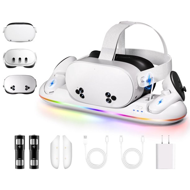 Base de Carga para Meta Quest 3/3S- Estación de Carga Rápida Compatible con Oculus Quest 2/3/3S-VR Accesorios de Carga con Luz RGB- Soporte de Carga Magnético para Controlador- 2 Baterías Recargables