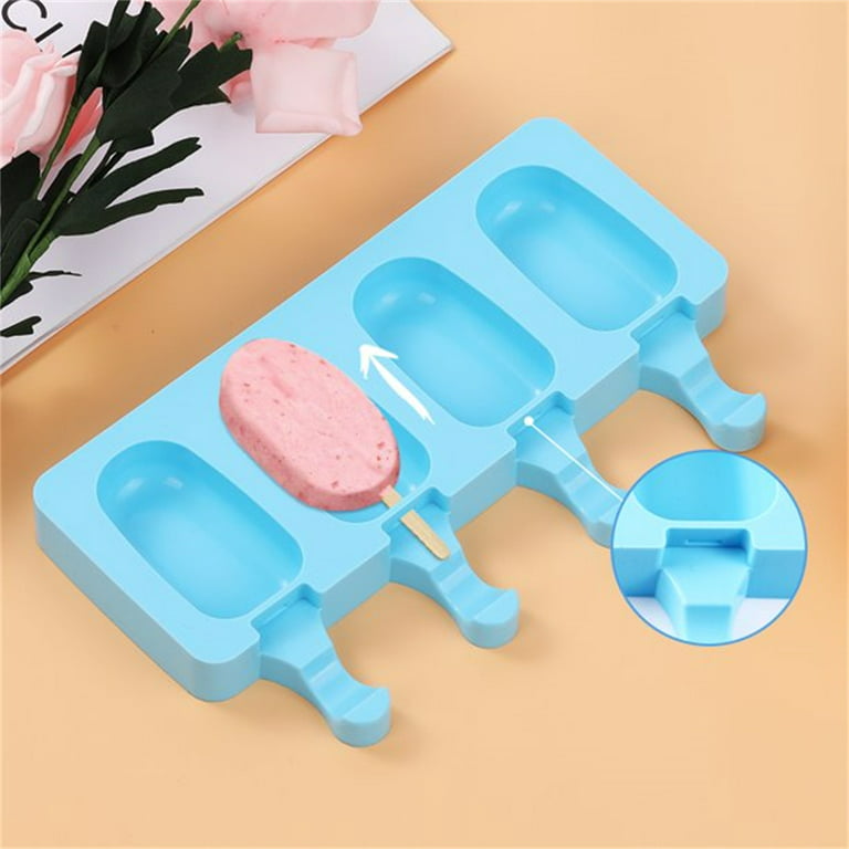 Codream Popsicle Mold Maker Set of 2, Ice Pop Molds Silicone 4 Cavities Ice Cream Mold Oval Cake Pop Mold with 100 Wooden Sticks for DIY Popsicle, Blue, Size