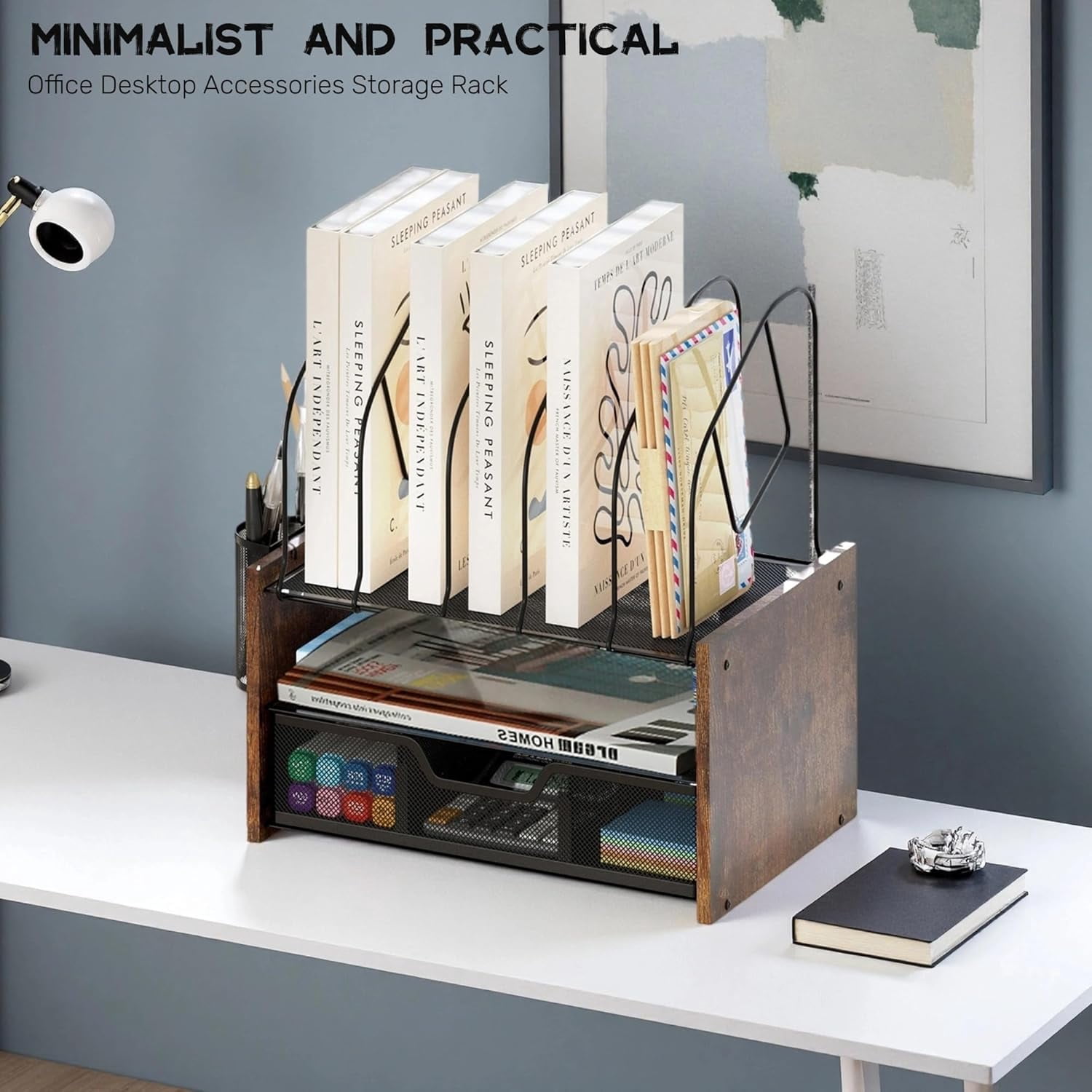 Wood Desk Organizer - 2-Tier Desktop File Organizer with Drawer with Vertical File Holder, Wooden Paper Tray, Office Desk Organzier and Accessories for Papers, Mail, Notebooks, Stationery
