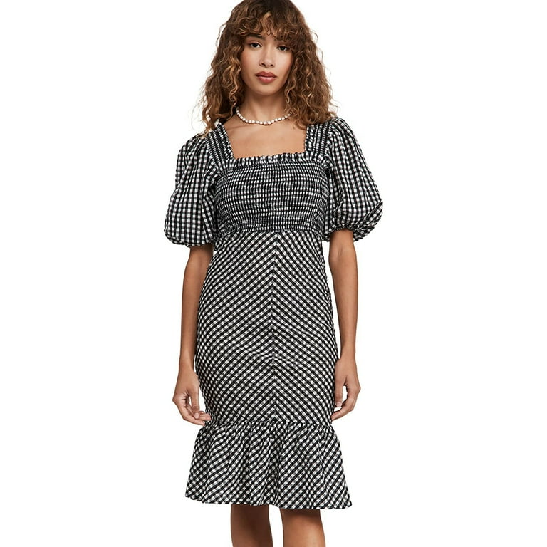 Ganni Women's Seersucker Check Midi Dress Smocked Square Neck Black White -  Walmart.com