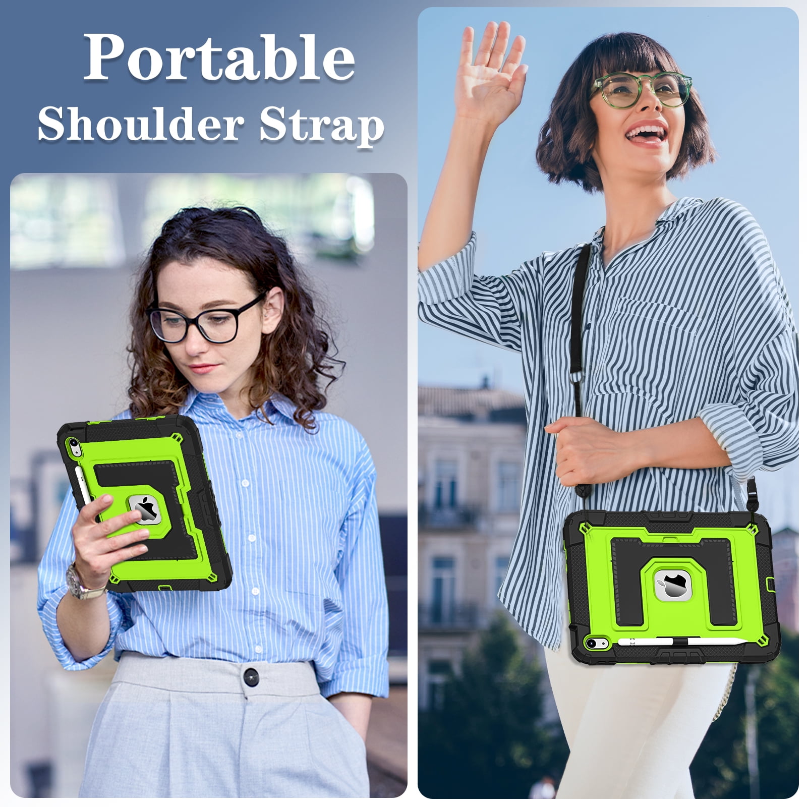 Allytechgroup Rugged Case for Apple iPad 9th 8th 7th Generation 10.2 inch 2021/2020/2019, Heavy Duty Protective Tablet Case with Kickstand, Pencil Holder & Detachable Shoulder Strap, Black+Green