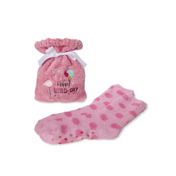 MeMoi Women's "Happy Bird-Day" Cozy Sock & Gift Bag Set, One Size, Pink
