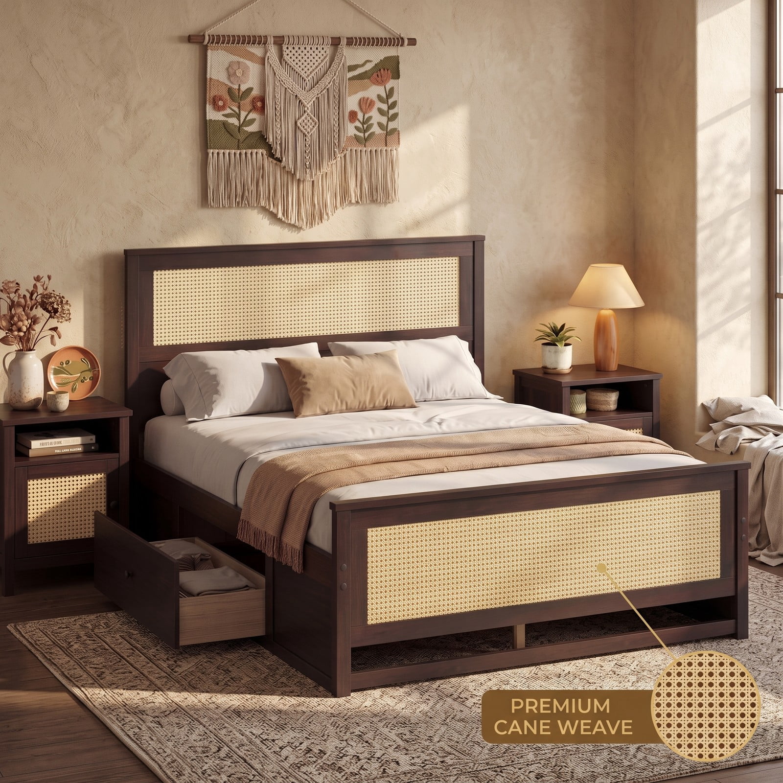 Furnibear Full Size Bed Frame with Storage, Wood Rattan Platform Bed with 2 Drawers and Woven Headboard and Footboard, Rustic Brown