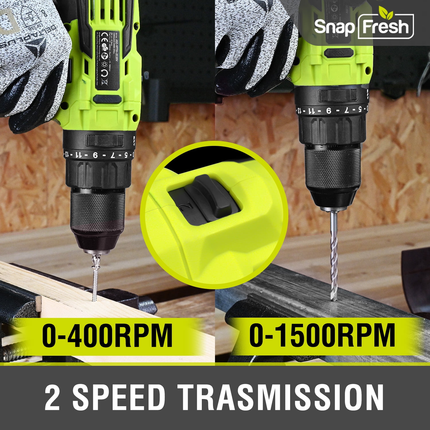 SnapFresh 20V Cordless Drill,1/2 Metal Chuck , 445In-Lbs, 21+1 Torque Setting, 2.0Ah Battery