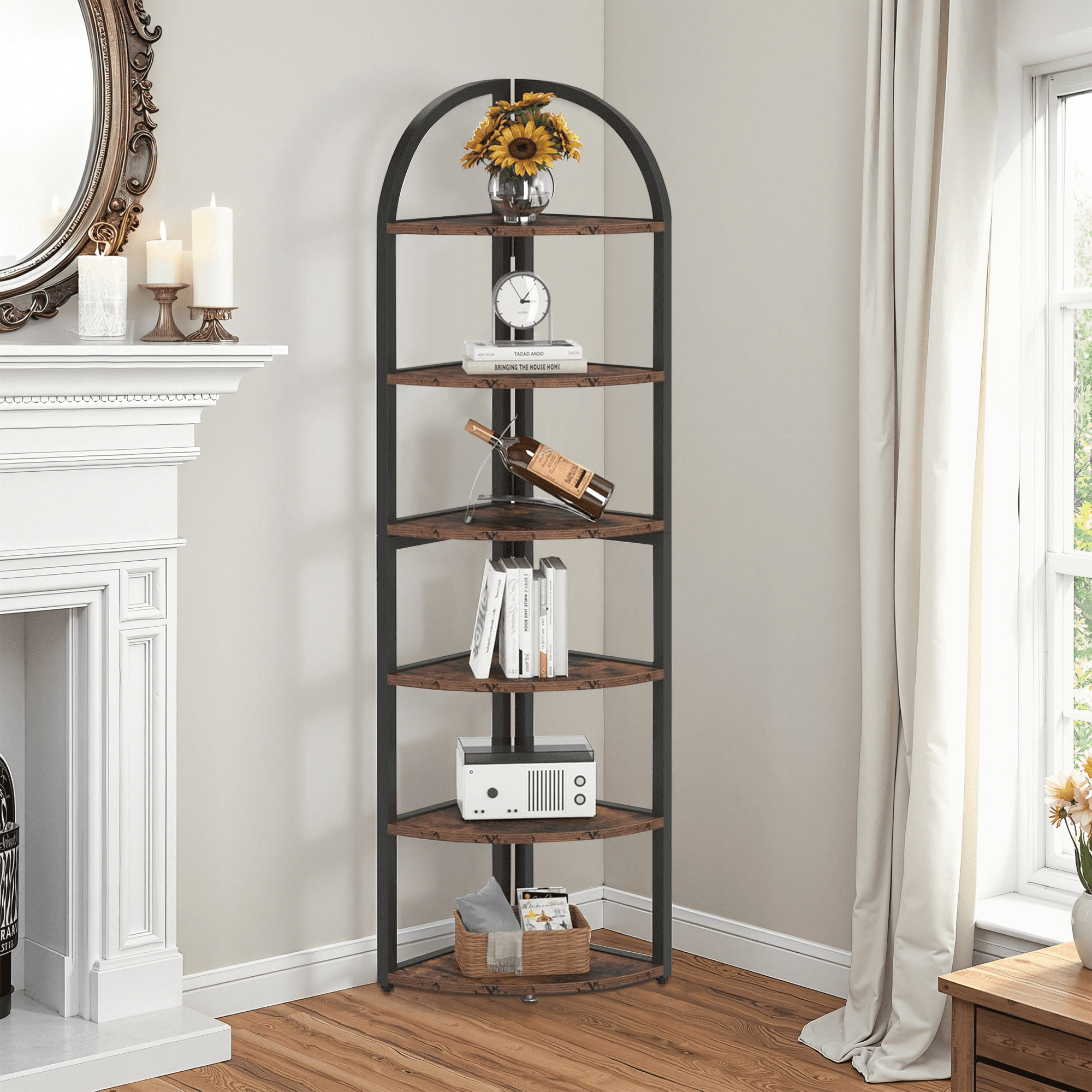 MAYEERTY Fan-Shaped 6-Tier Corner Storage Shelf, 71" Freestanding Display Rack, Multi-Purpose Bookshelf & Plant Stand for Compact Rooms