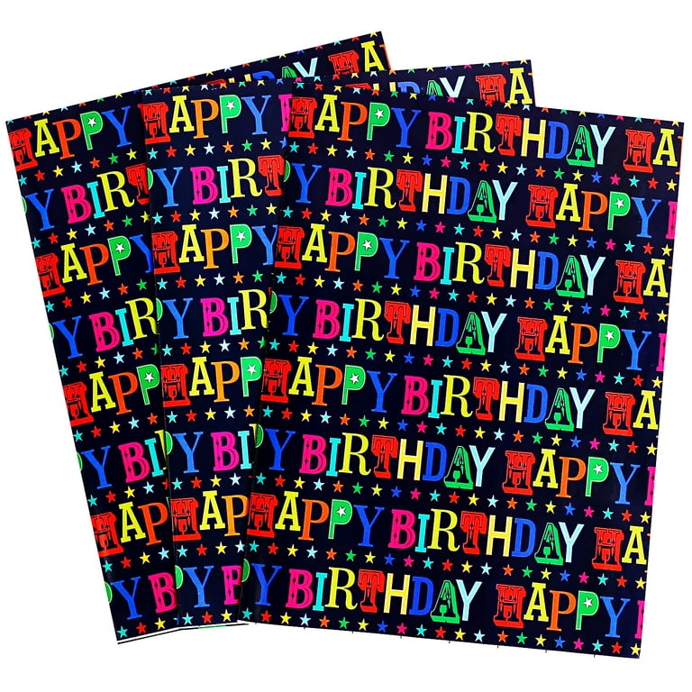 Birthday Wrapping Paper with Cut Lines - 3 Large Sheets Blue Happy Birthday  Gift Wrap Paper - 27 x 39.4 inch