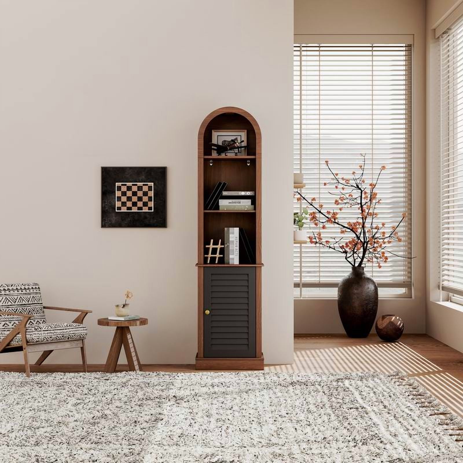 Tall Arched Corner Bookshelf with Shutter Door, Narrow Wooden Corner Display Cabinet, Freestanding Corner Storage Rack for Living Room, Bedroom, Small Space, Walnut Brown