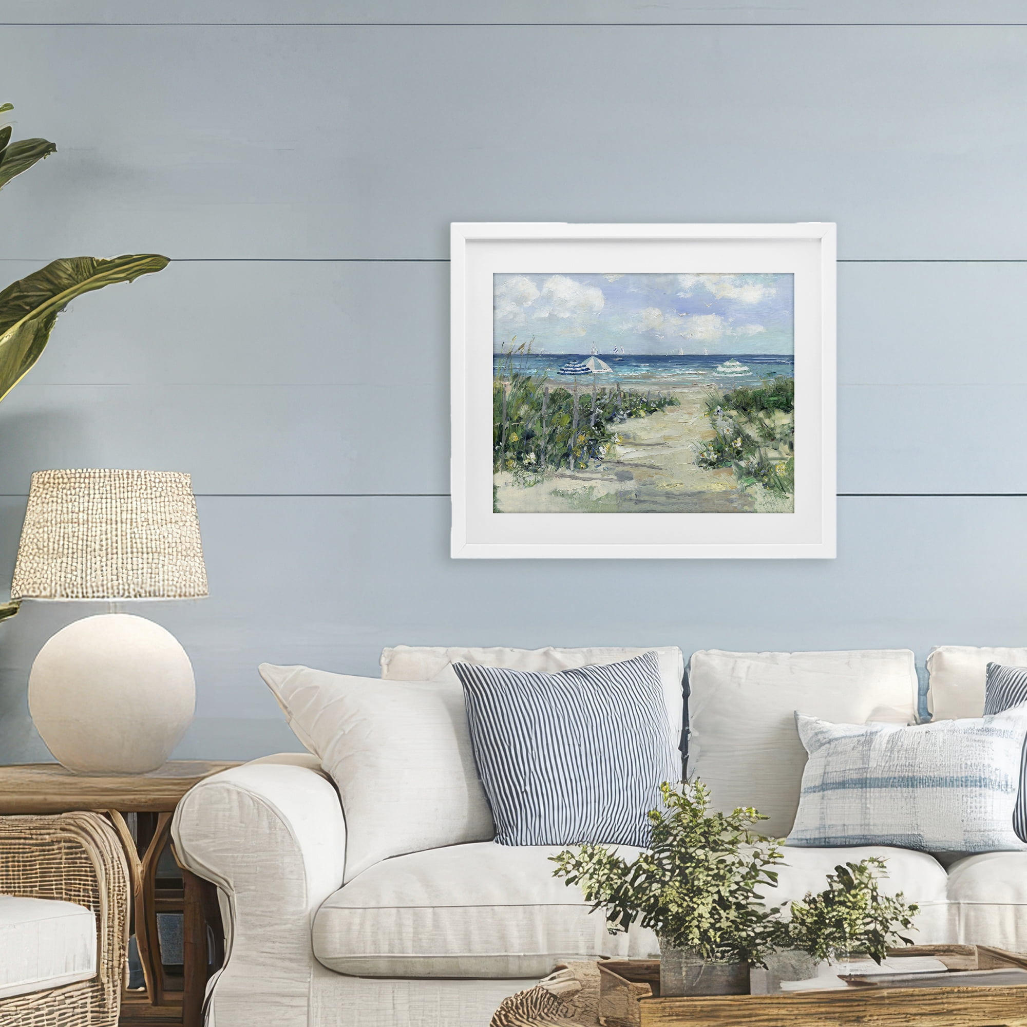 Stupell Industries Seaside Path To Striped Umbrellas White Framed Print Under Glass, design by Sally Swatland