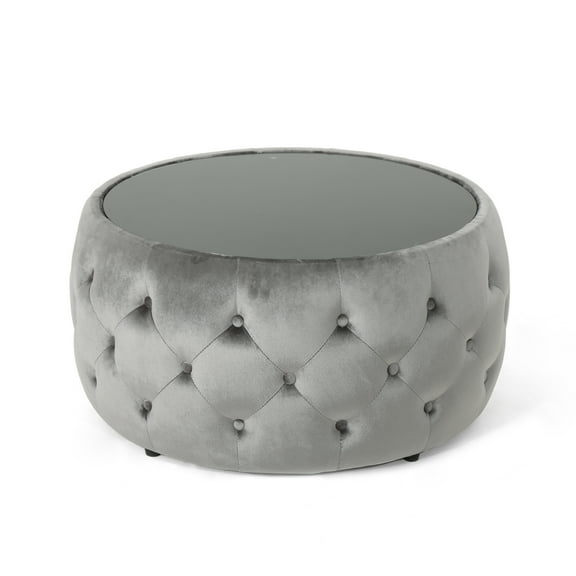 Noble House Merna Glam Velvet and Tempered Glass Ottoman Coffee Table, Smoke