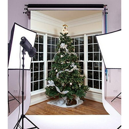 Image of Polyester 5x7ft Backdrop Photography Background Indoor House Decorated Xmas Tree Window Floor Scene Christmas Backdrop Happy New Year Newborn Baby Ki