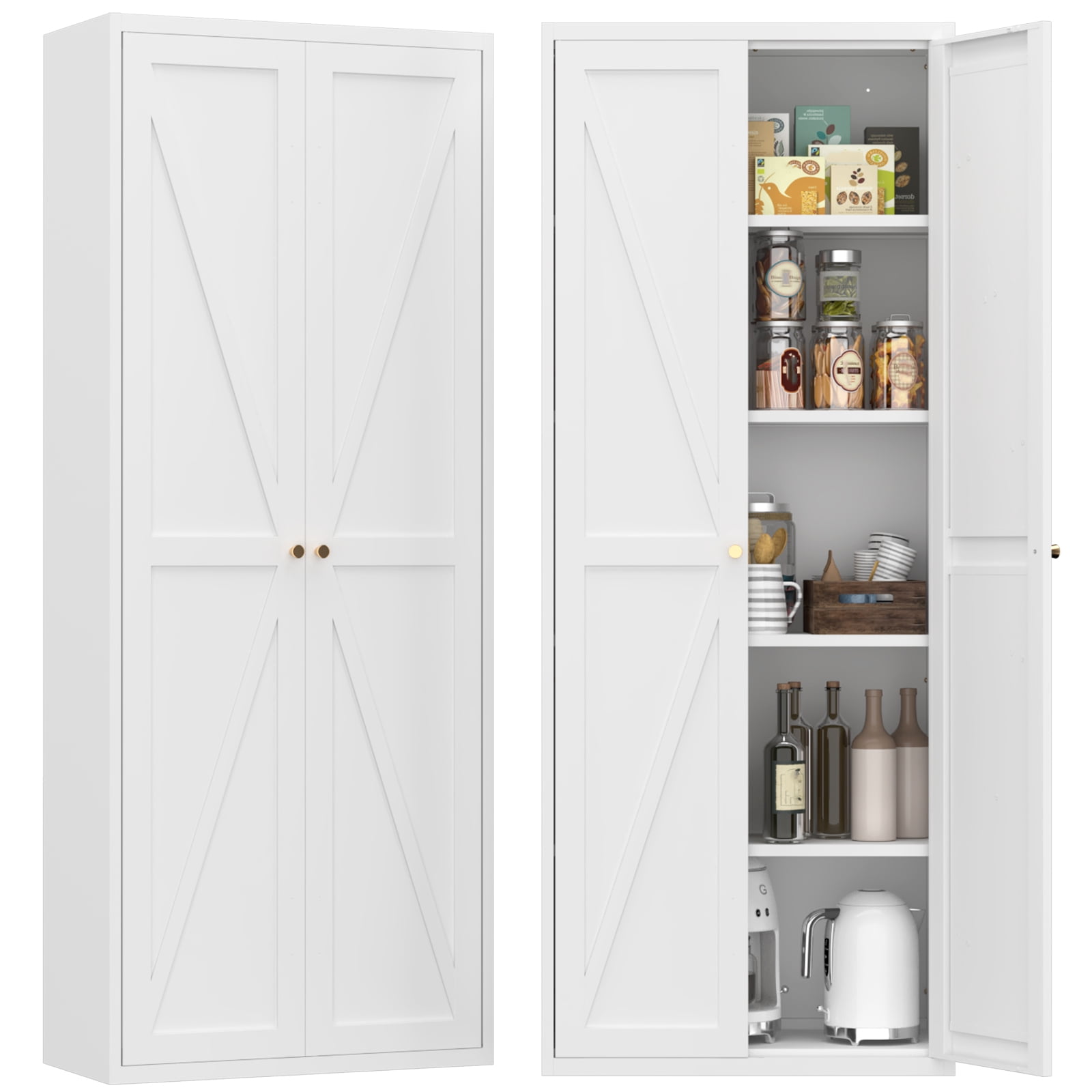 Adjustable 2 Doors Storage Cabinet, Kitchen Pantry Cabinet With Adjustable Shelves Tall Steel Cabinet Locker For Kitchen, Living Room, Dining Room and Office