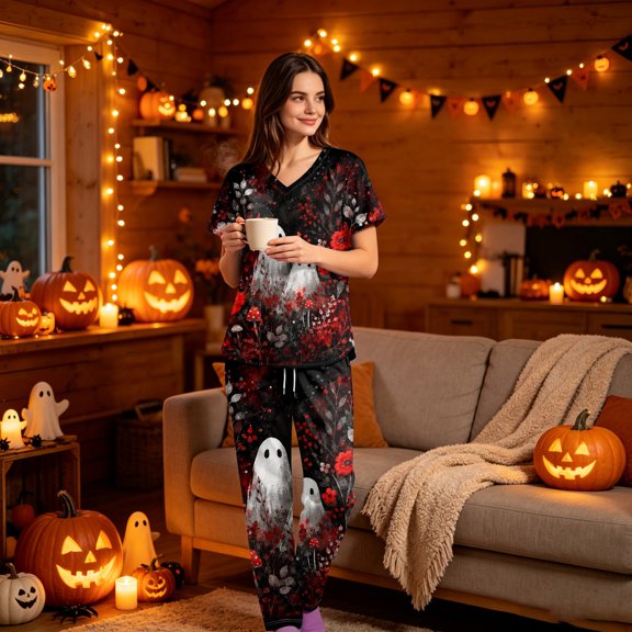 LNZGNM Halloween Womens Scrubs Set Short Sleeve V Neck Pocket Comfortable Lightweight Breathable Stretch with Fabric and Pockets Clinic Medical Duty,Deep Red(XL)