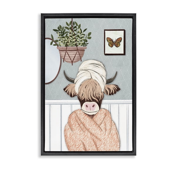 Stupell Industries Highland Cow Bathrobe Typography Painting Black Floater Framed Canvas Art Print Wall Art, 17 x 25