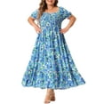 thumbnail image 2 of GRACE & GRANDEUR Women's Plus Size Short Sleeves Square Neck Smocked Boho Floral Maxi Dresses 2X Blue, 2 of 6