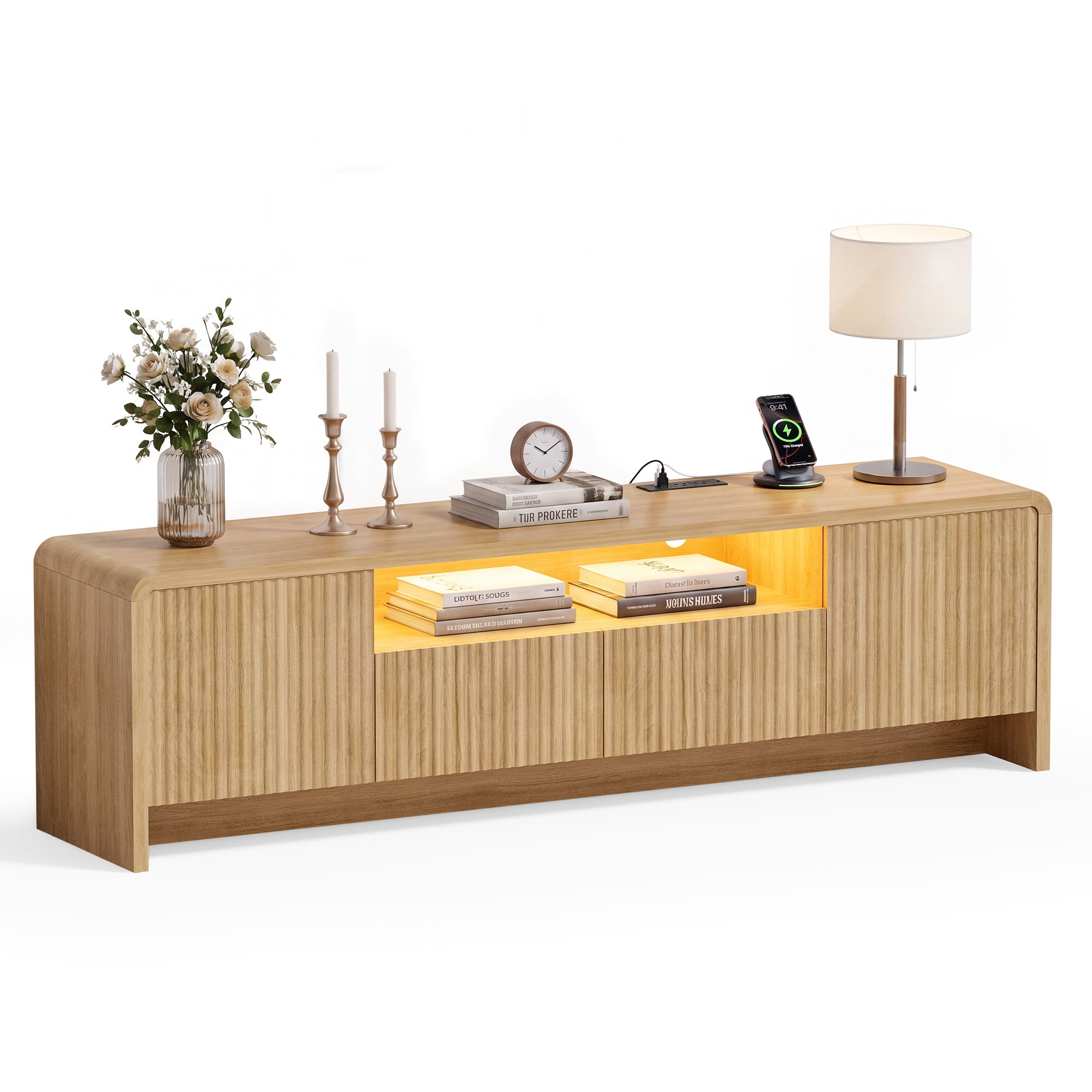 Lacoo 70 Inch Fluted TV Stand for 55-75 Inch TVs, Entertainment Center with Charging Station and RGB LED Lights, Media Console with 2 Drawers and Storage Cabinets for Living Room, Natural
