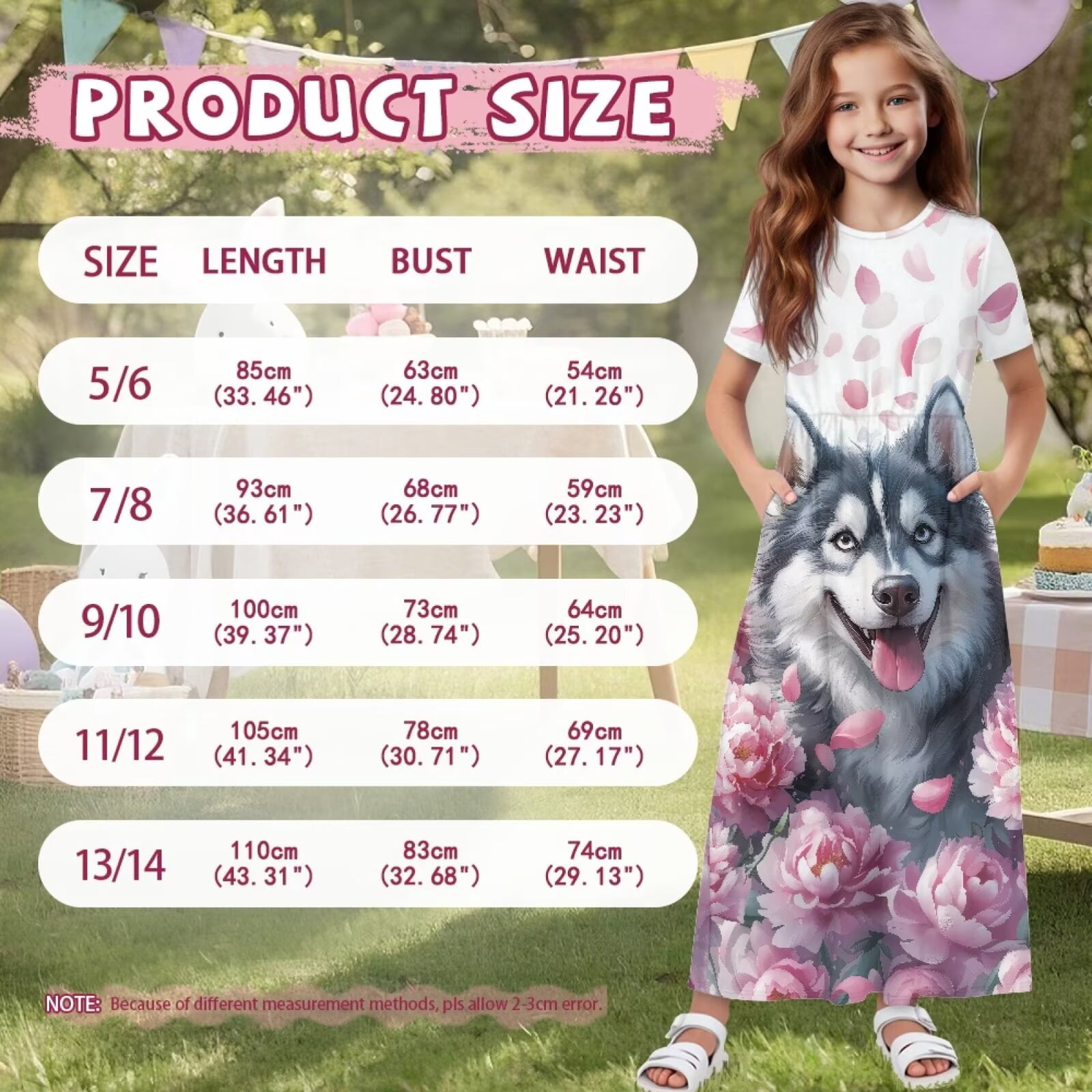 Uourmeti Girls Dress with Cute Husky Flower Print Short Sleeve Round Neck Casual Maxi Dresses with Pockets Summer Long Sundress for Kids, Size 13-14 Years