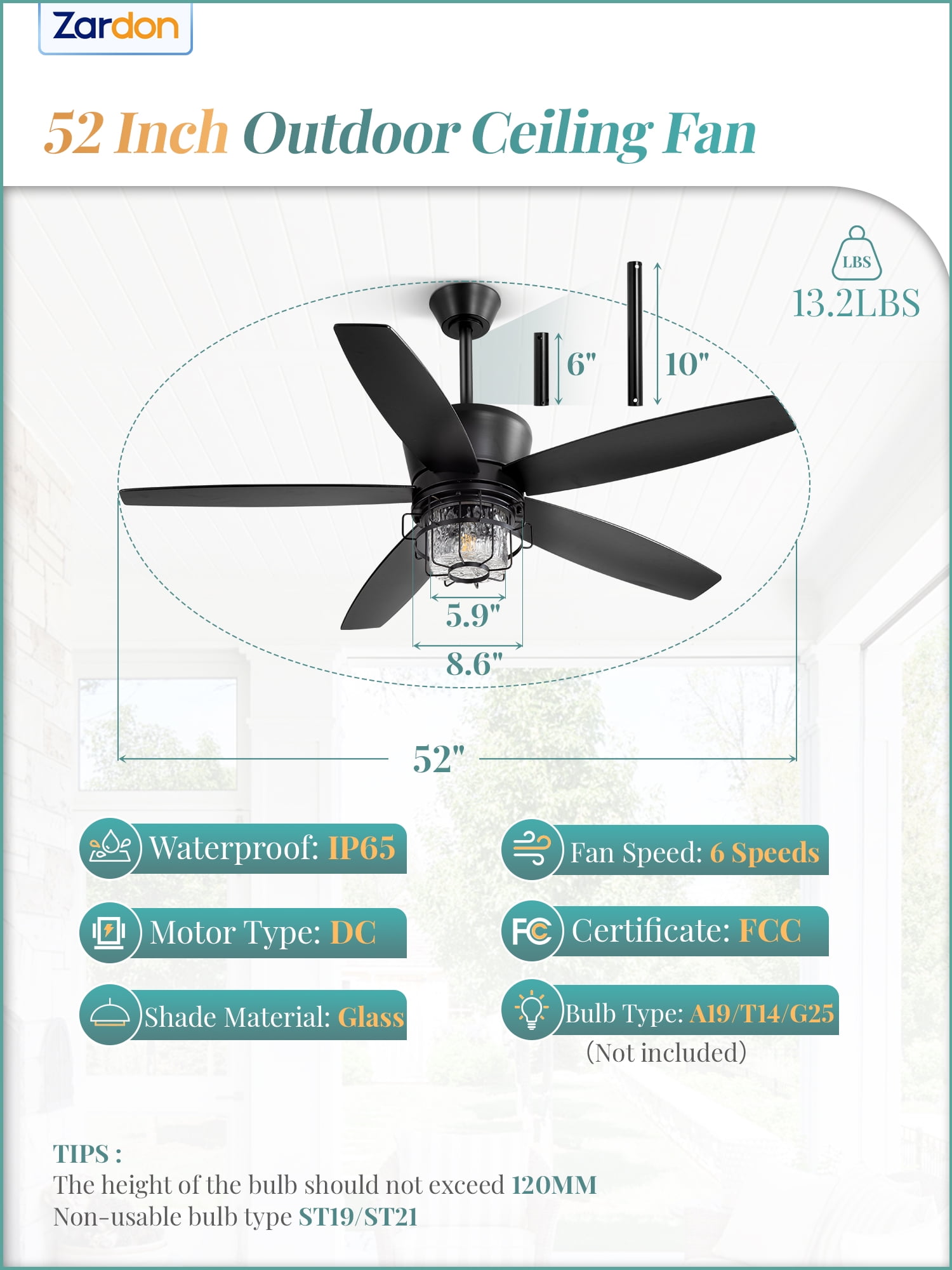 Zardon 52" Gazebo Fan for Patio, Outdoor Ceiling Fan with LED Light and Remote, Farmhouse IP65 Waterproof for Porch, Quiet DC Motor and 6 Speeds, Black