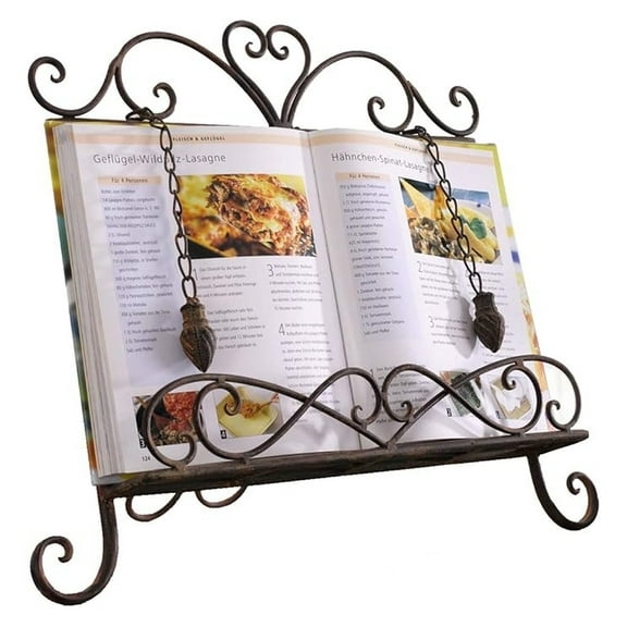 Antique Metal Kitchen Cookbook Display Stand, Recipe Book and iPad Holder, Cookery Book with Weighted Chains for Gift, Rustic Dark Brown