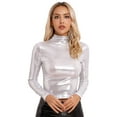 thumbnail image 2 of Zaldita Women's Metallic Shiny Long Sleeve Slim Fitted Tops Rave Party Outfits Tee Shirts Silver L, 2 of 7