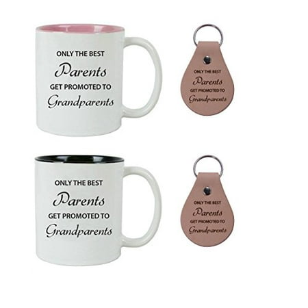 Only the Best Parents Get Promoted to Grandparents Ceramic Coffee Mugs Bundle with Leather Keychains - Great for Expecting Grandpas, Grandmas for Dad, Grandpa, Grandma, Papa,