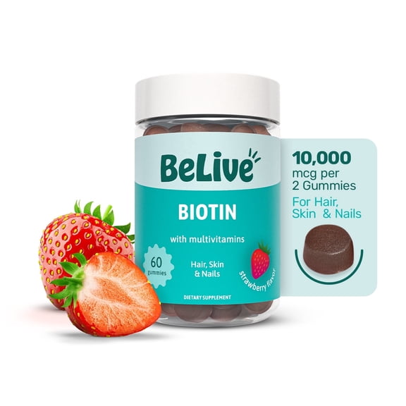BeLive Biotin Gummies with MultiVitamins, Folate, Inositol – Supports Hair Growth, Healthy Skin & Nails – Vegan – Strawberry Flavor (60 Count)