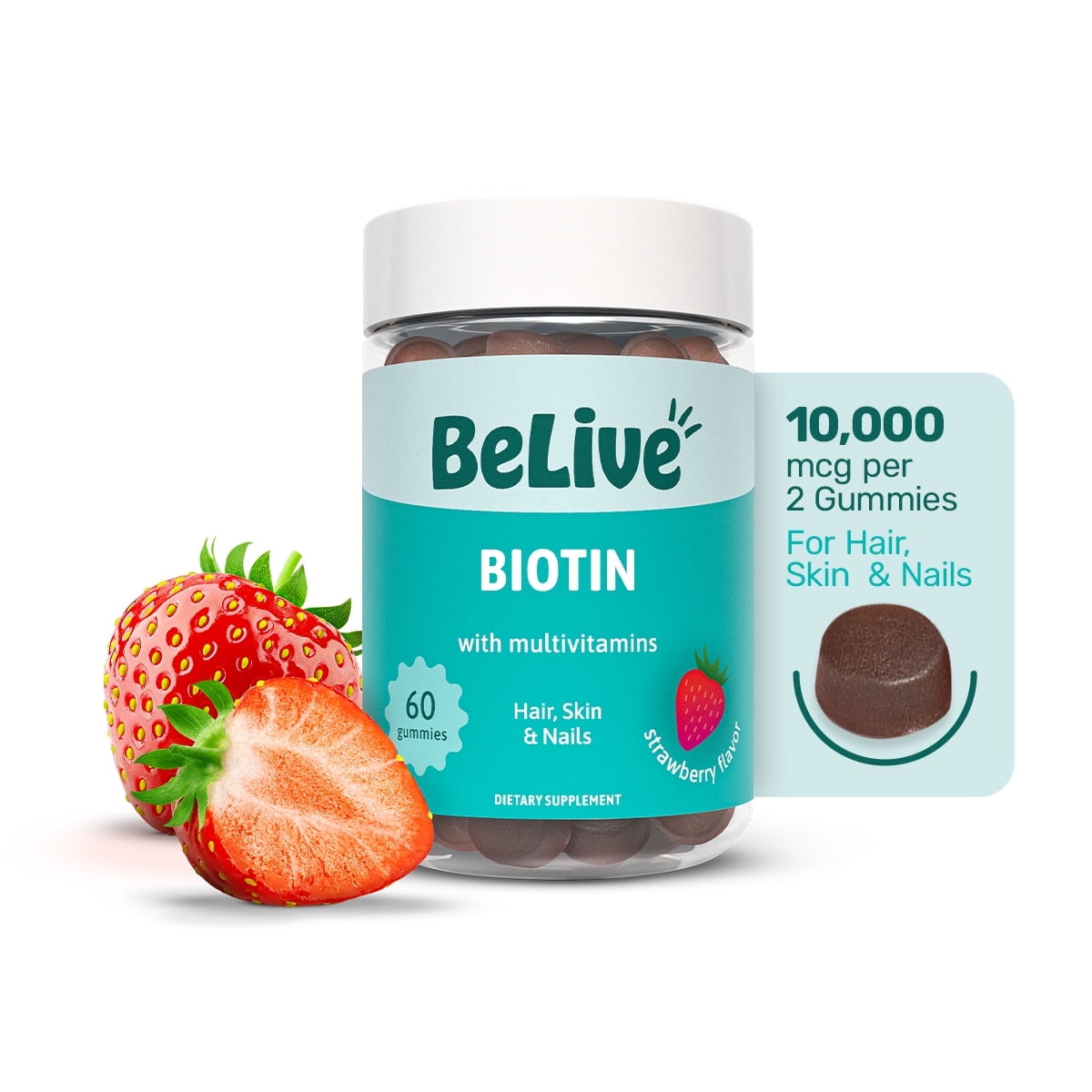 BeLive Biotin Gummies with MultiVitamins, Folate, Inositol – Supports Hair Growth, Healthy Skin & Nails – Vegan – Strawberry Flavor (60 Count)