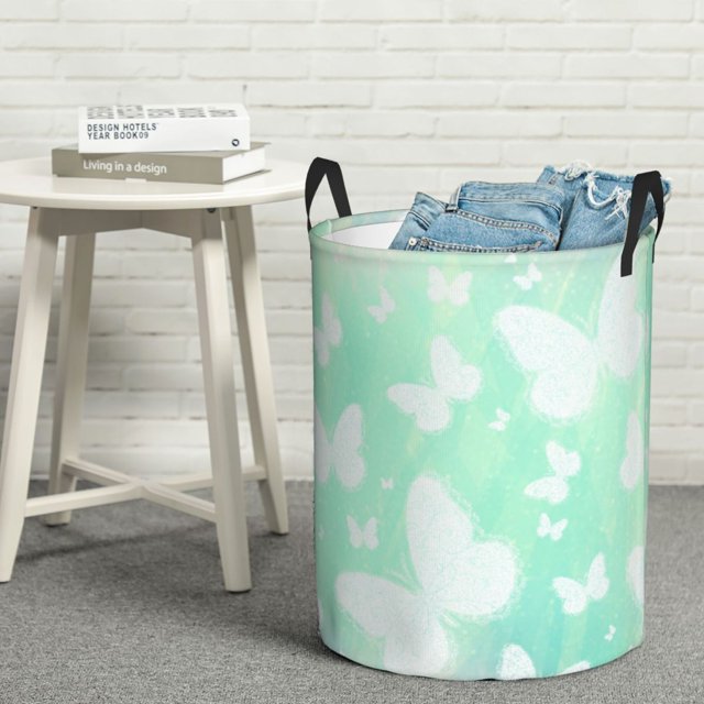 YFYANG Waterproof Laundry Hamper, Green Butterfly Pattern Laundry Basket Oxford Fabric with Handle Foldable, M