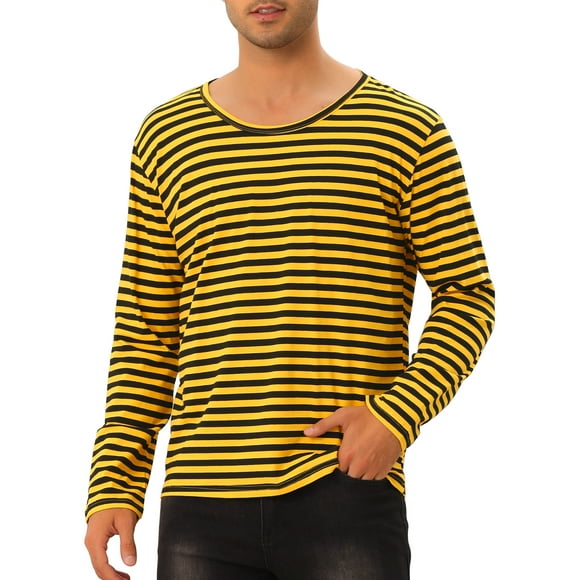 Camiseta de rayas INSPIRE CHIC para hombres, cuello redondo, de manga larga, básica L Amarillo Negro
