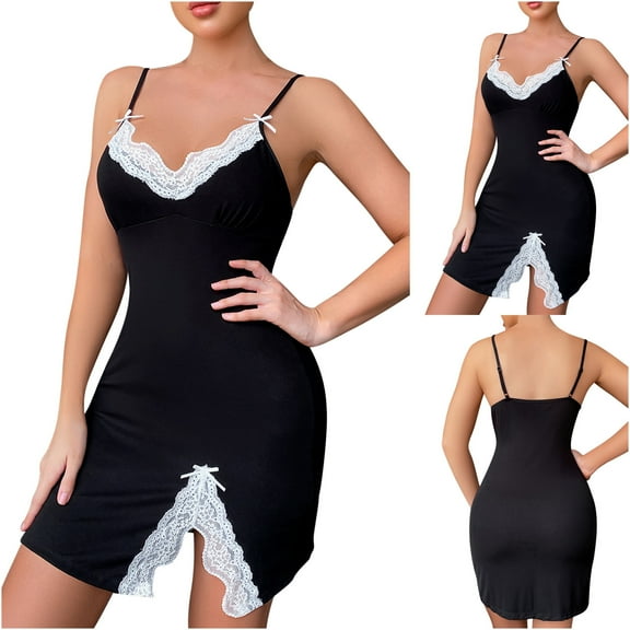LYEAA Women's Gowns and Sleepshirts Sleeveless Lace Cozy Summer Sling Mini Night Gowns Chemise Solid V Neck Slit Fitted Casual Soft Pajamas Sleepwear Loungewear Fashion Elegant Nightdress Black L