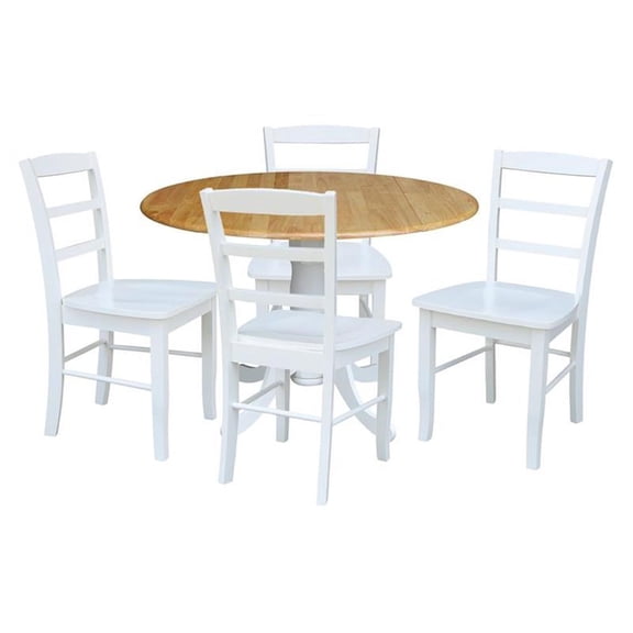 International Concepts Solid Wood 5-Piece Dining Set with 42 in. Dual Drop Leaf Table and 4 Ladder Back Dining Chairs in Natural/White
