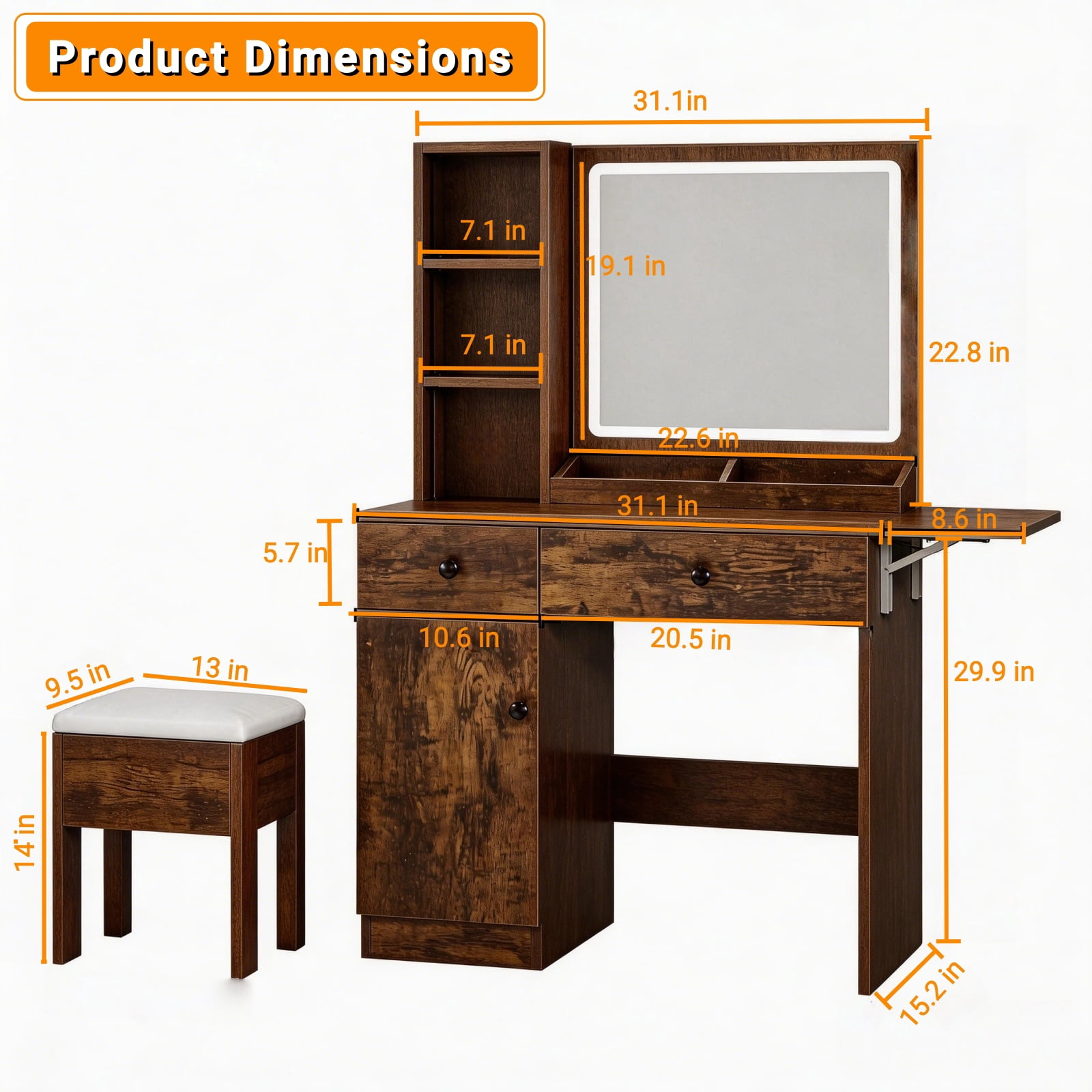 Haewon 35" Vanity Desk with Mirror, LED Light, Power Outlet, Makeup Vanity with Storage Cabinet and Foldable Panel, Vanity Set with Cushioned Stool, Brown