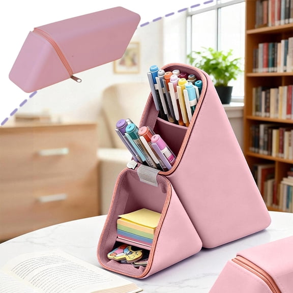 Hyknon Large Capacity Pencil Case Pen Pouch, Stand-Up Pencil Holder, Silicone Stationery Bag with Zipper, Geometry Portable Pen Pouch for Women Adult, Durable Storage Organizer for College, Pink