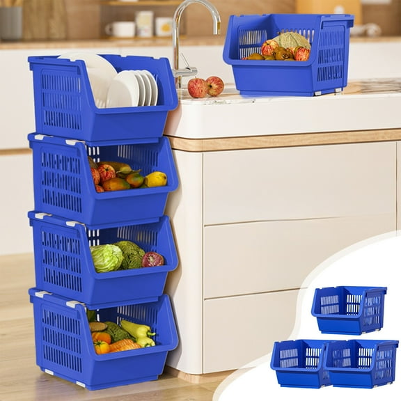 3-Piece Stackable Kitchen Storage Basket Set with Wheels, Multi-Layer Plastic Drain Basket for Fruits Vegetables Toys, Pink White Orange Blue Khaki Yellow