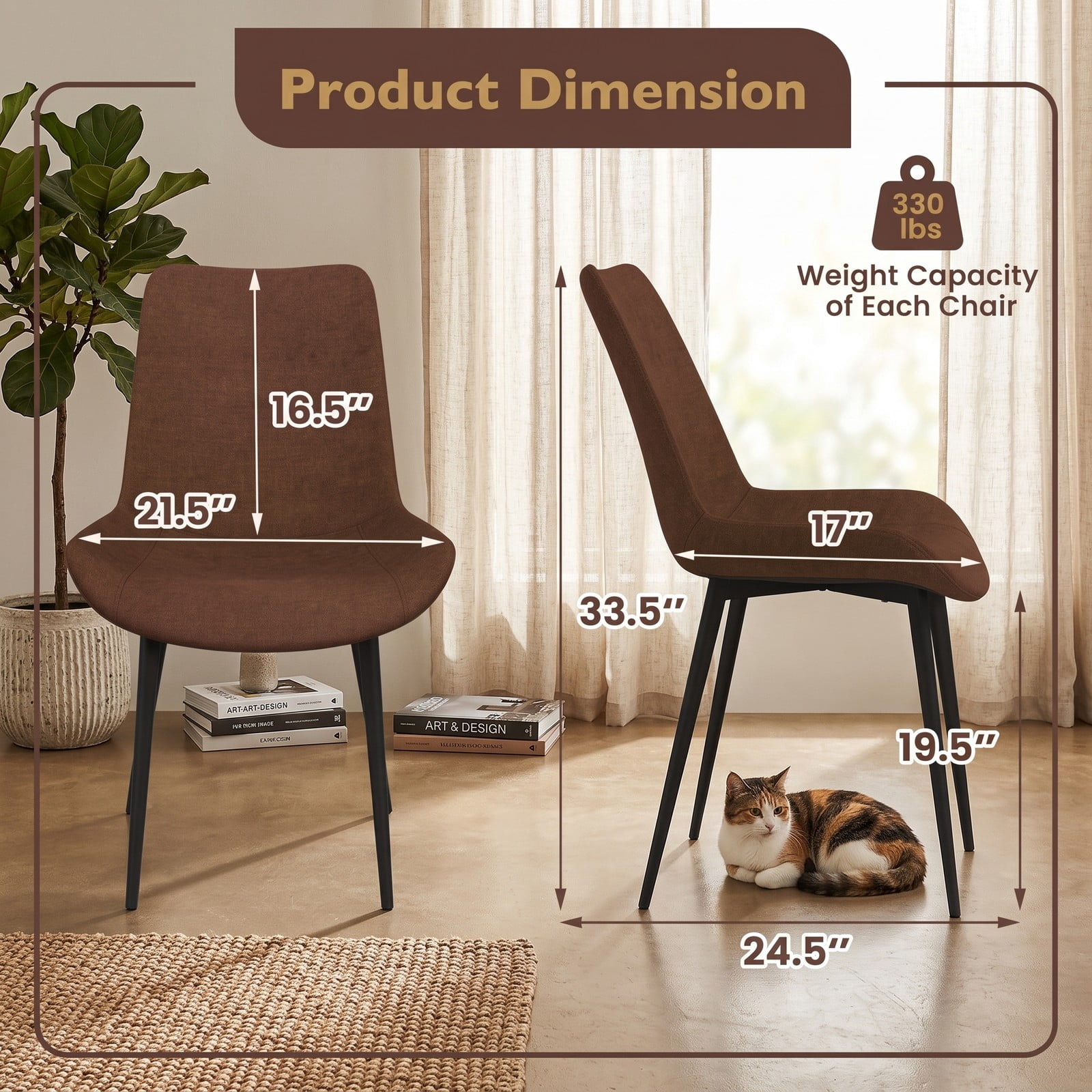 Furnibear Set of 4 Upholstered Dining Chairs with Metal Legs, Faux Linen Padded Back Kitchen Side Chairs, Ergonomic Armless Accent Chairs for Dining Room Living, Brown