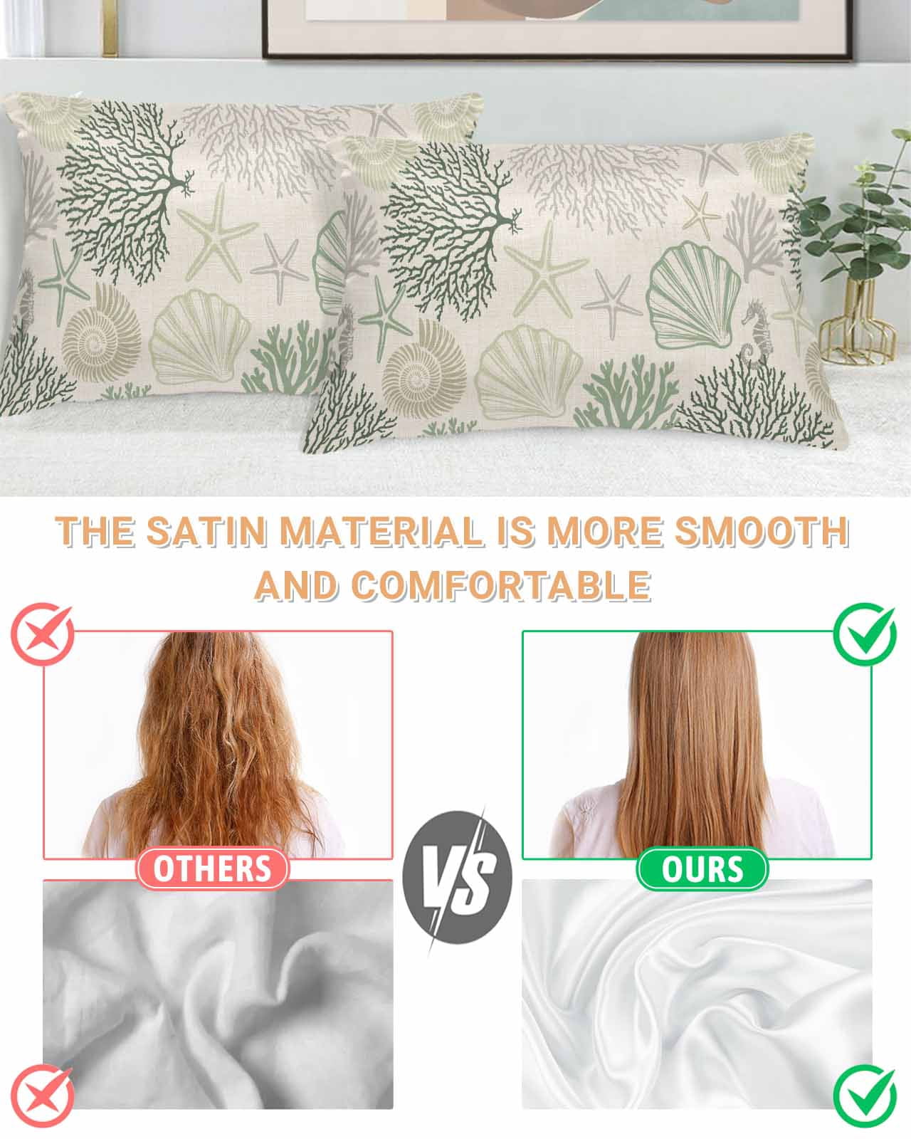Sage Green Ocean Pillow Cases Queen Size Set of 2, Smooth Satin Pillowcase for Hair and Skin, Coastal Grey Coral Starfish Shell Decorative Cooling Bed Pillow Covers with Zipper, 20x30 Inches