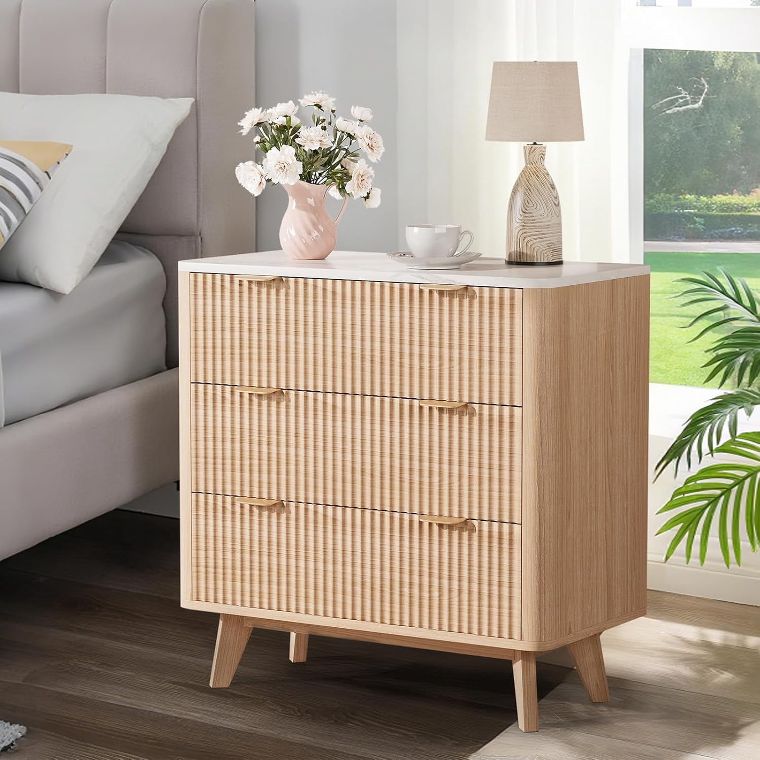 Garvee Farmhouse Nightstand for Living Room, 32" x 15.7" x 32", with 3 Drawers, Oak