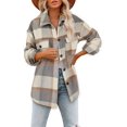 thumbnail image 1 of Camisas de cuadros cepillados para mujer, chaquetas tipo sobretodo con solapa de franela de manga larga y botones con bolsillos, 1 of 3