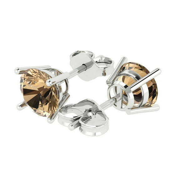 3 Ct Round Cut Studs Champagne Crystal 14K White Solid Gold Everyday Dainty Earrings Push Back