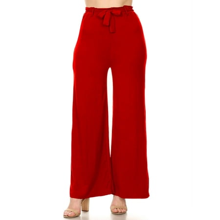MOA COLLECTION Women's Solid Casual Stretch Knit Elastic Waist tie Belt Wide Leg Pants