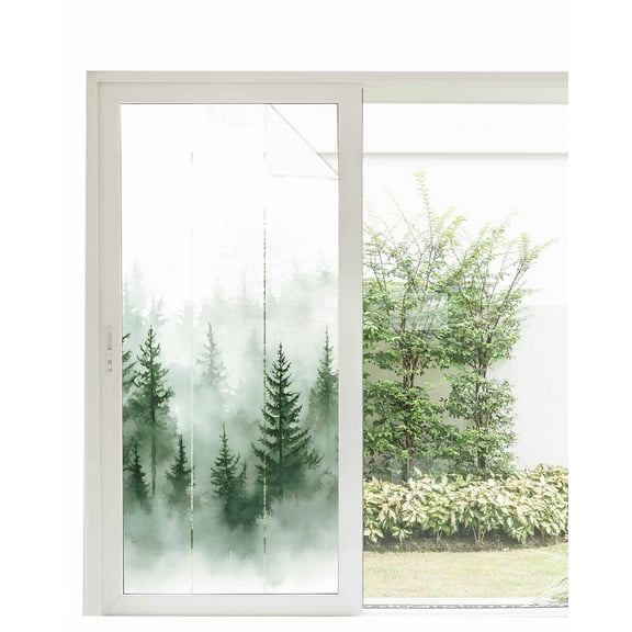 Window Privacy Film Green Foggy Forest Stained Glass Window Film Decorative Sun Block Window Cover Watercolor Mist Mountains Landscape Window Clings Static Adhesive Sticker for Bathroom 35.4"x78.7"