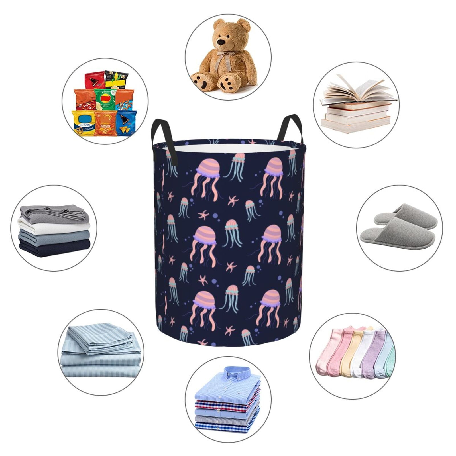 Large Laundry Basket with Handles - Pink Starfish Jellyfish Kids Baby Dirty Clothes Laundry Hamper for Bedroom Aesthetic