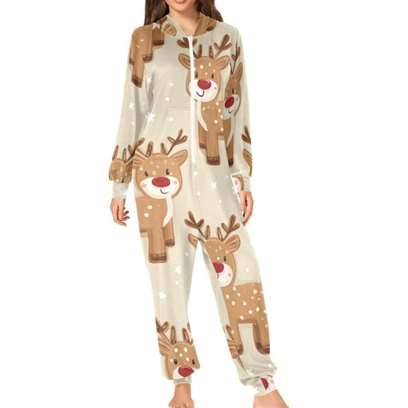 Reindeer and Gingerbread Christmas Adult's Hoodie Onesie Jumpsuit One-Piece Pajamas with Zipper Unisex for Holiday S